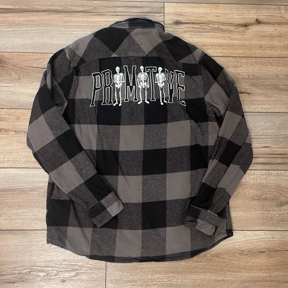 Primitive Skateboarding Black Gray Plaid Flannel Button Shirt Men's M Skeleton